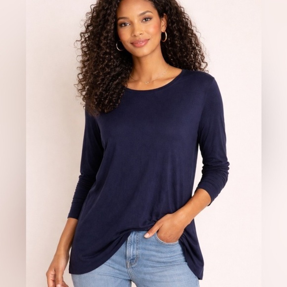 Eileen Fisher Navy Blue‎ Long Sleeve Crew Neck Tunic Top Relaxed Fit T-Shirt Med